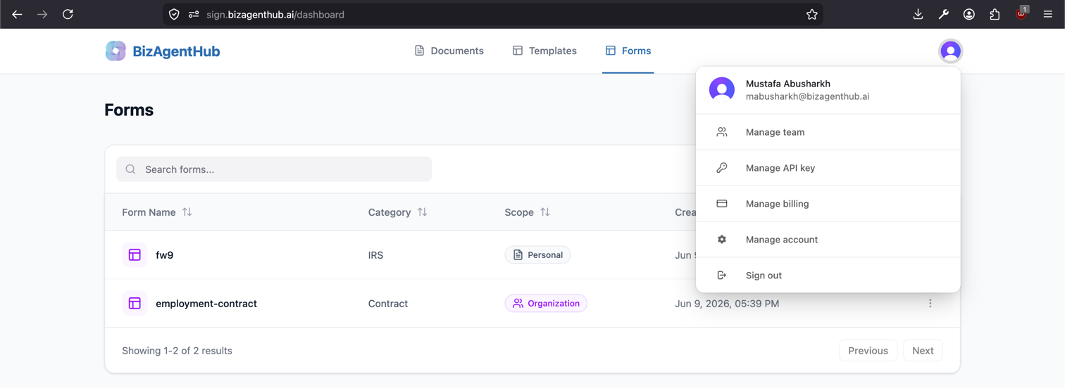 White-labeled BeeSign dashboard on sign.bizagenthub.ai with company logo, personal and organizational forms, and the profile menu