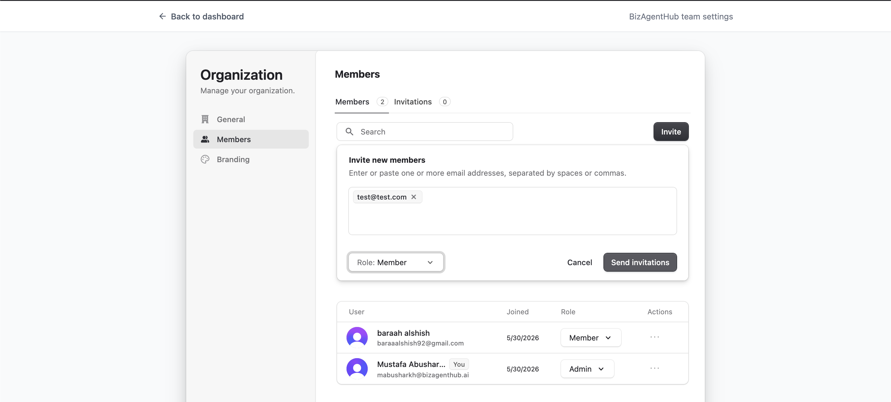 Organization members list in white-labeled BeeSign with controls to invite new members and remove existing ones