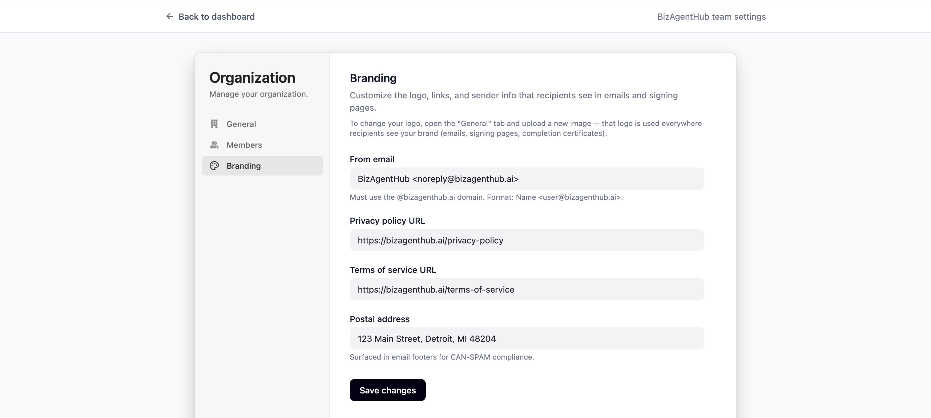 Organization branding settings — from email, privacy URL, terms of service URL, and postal address used in emails