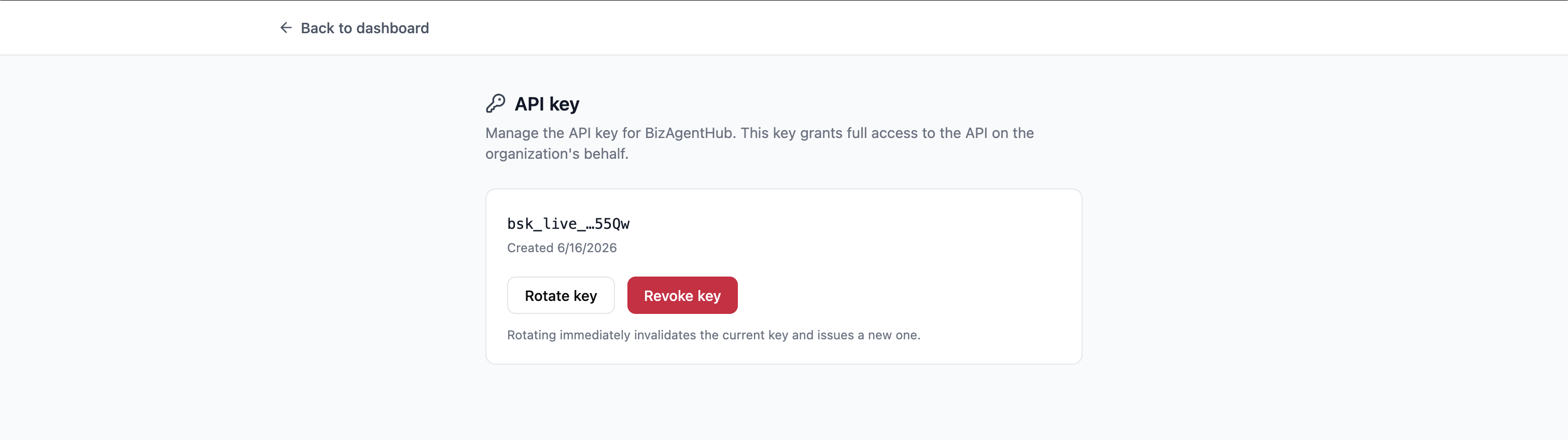 Manage API Key page in white-labeled BeeSign showing options to create a new key or rotate the existing key
