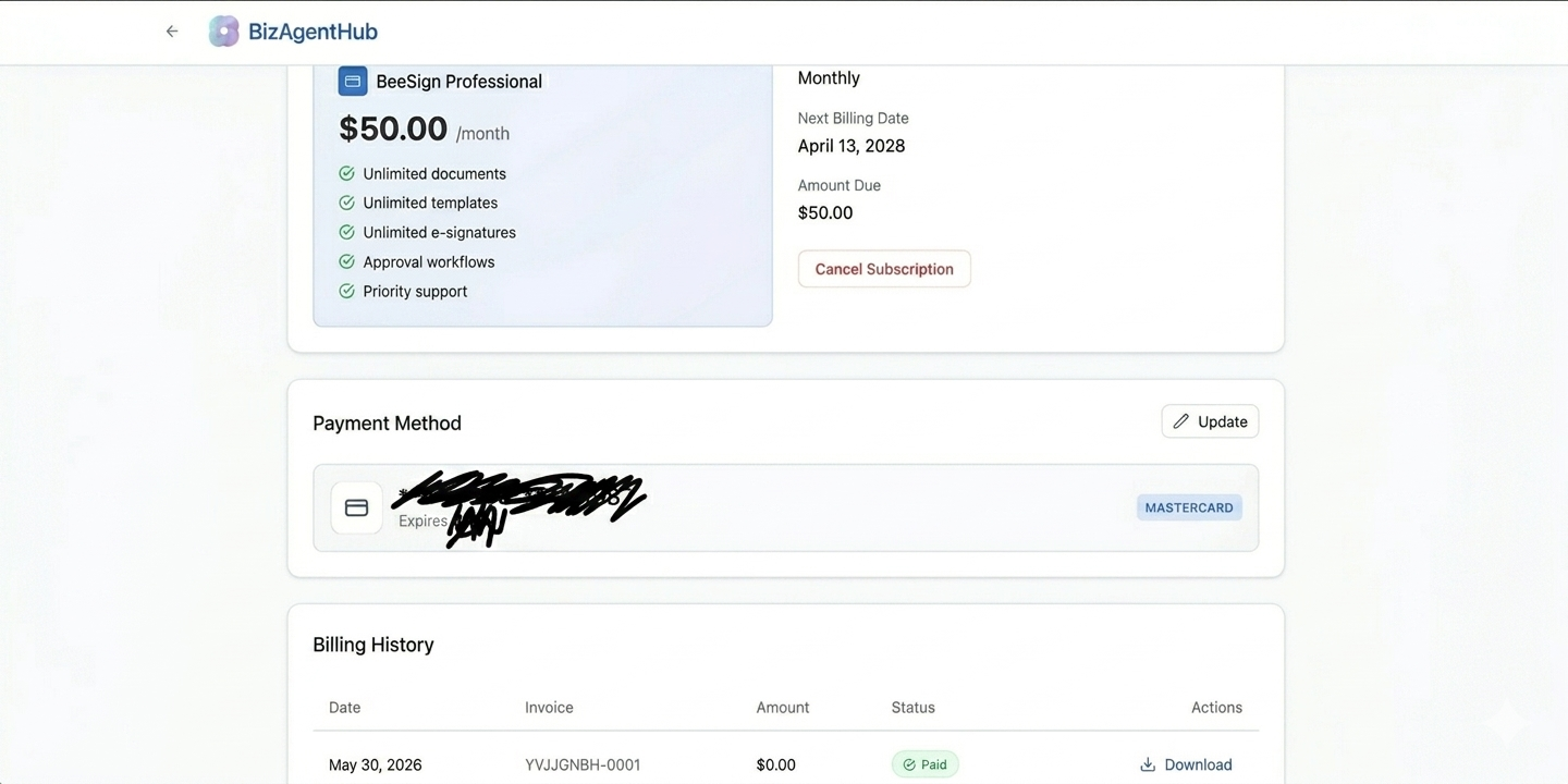 Billing page in white-labeled BeeSign with invoice history, monthly subscription, and payment method management