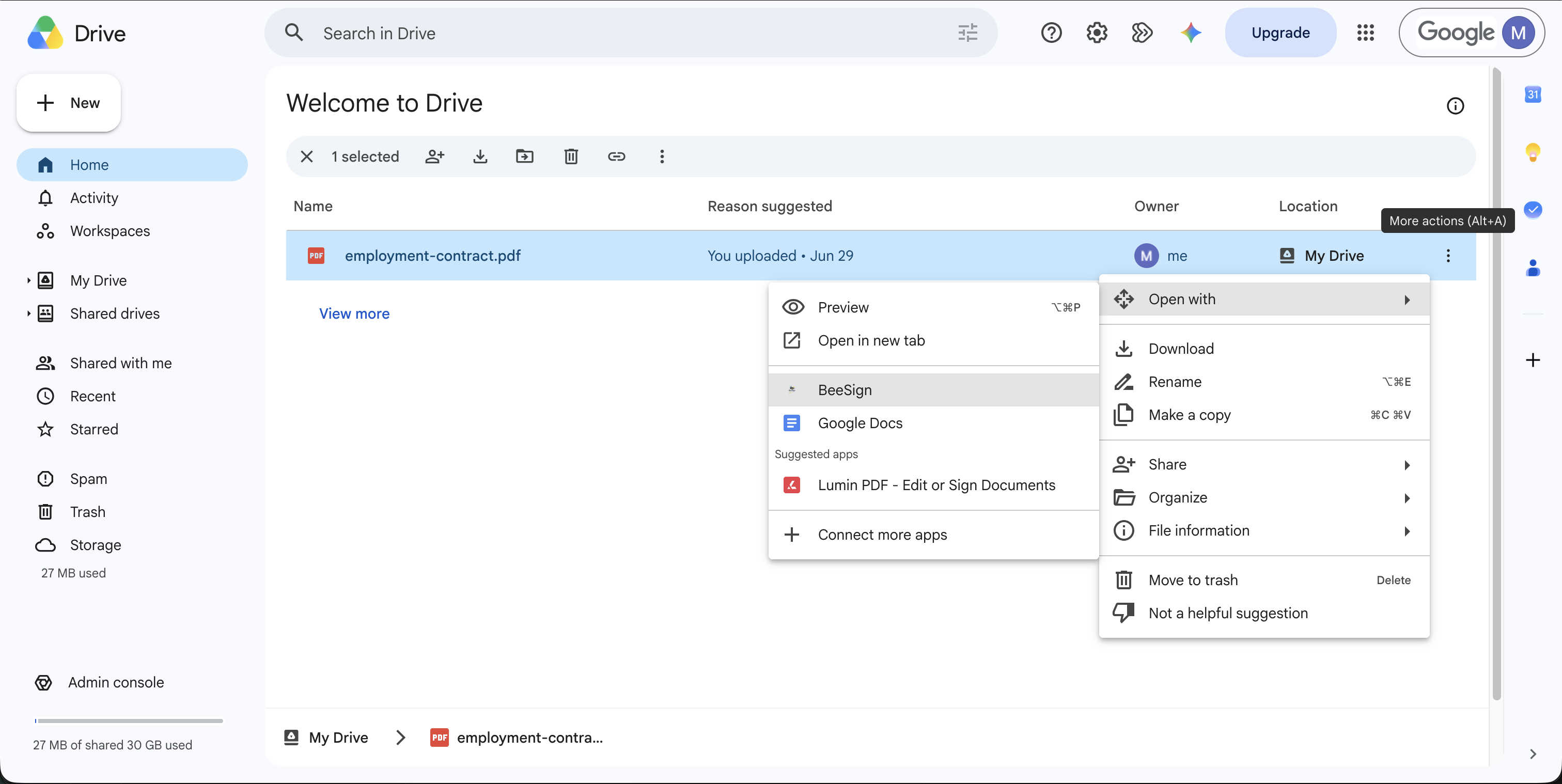 Google Drive right-click menu showing Open with → BeeSign for a PDF document