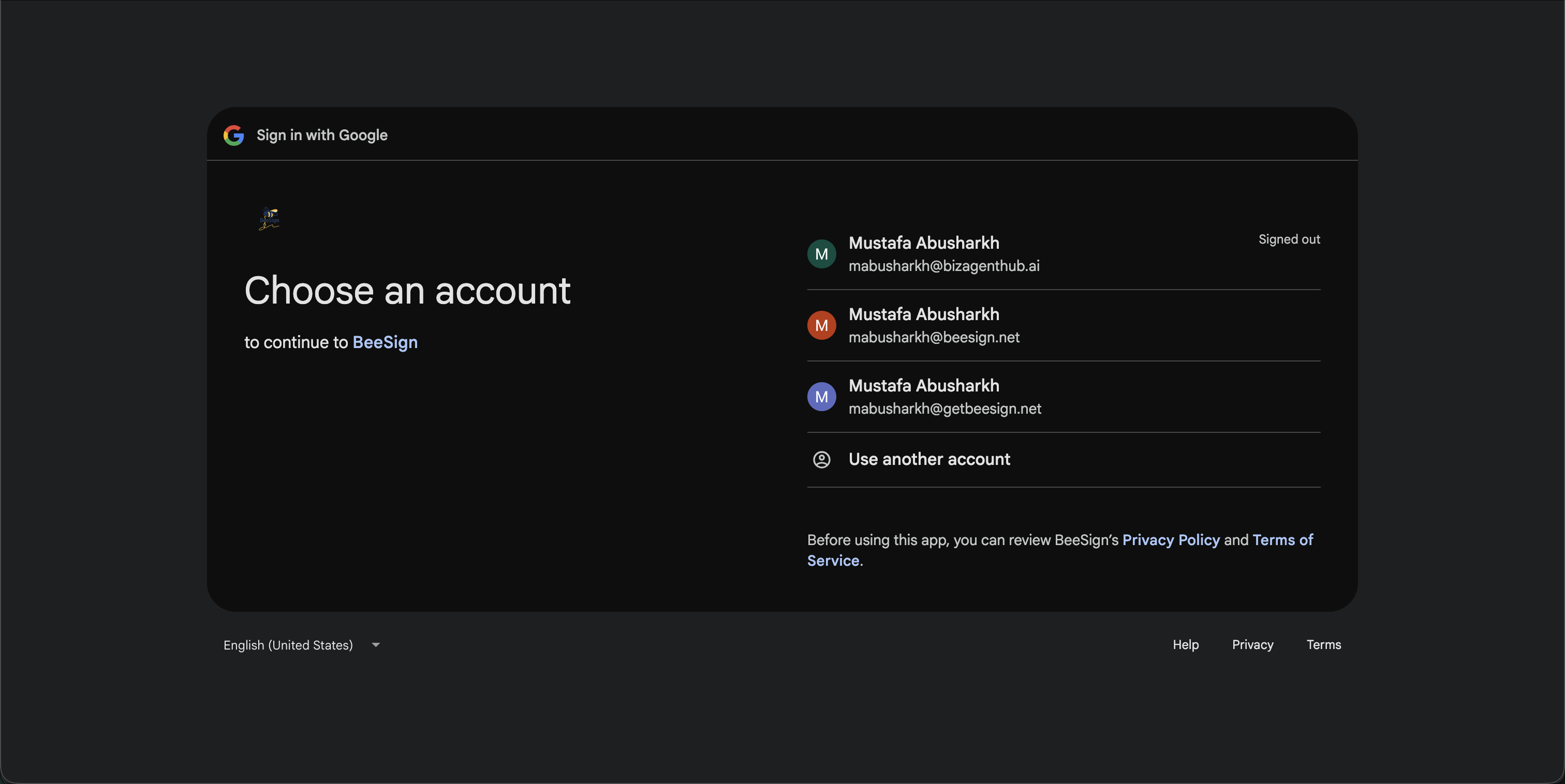 Google Sign in screen — choose an account to continue to BeeSign and grant Drive access