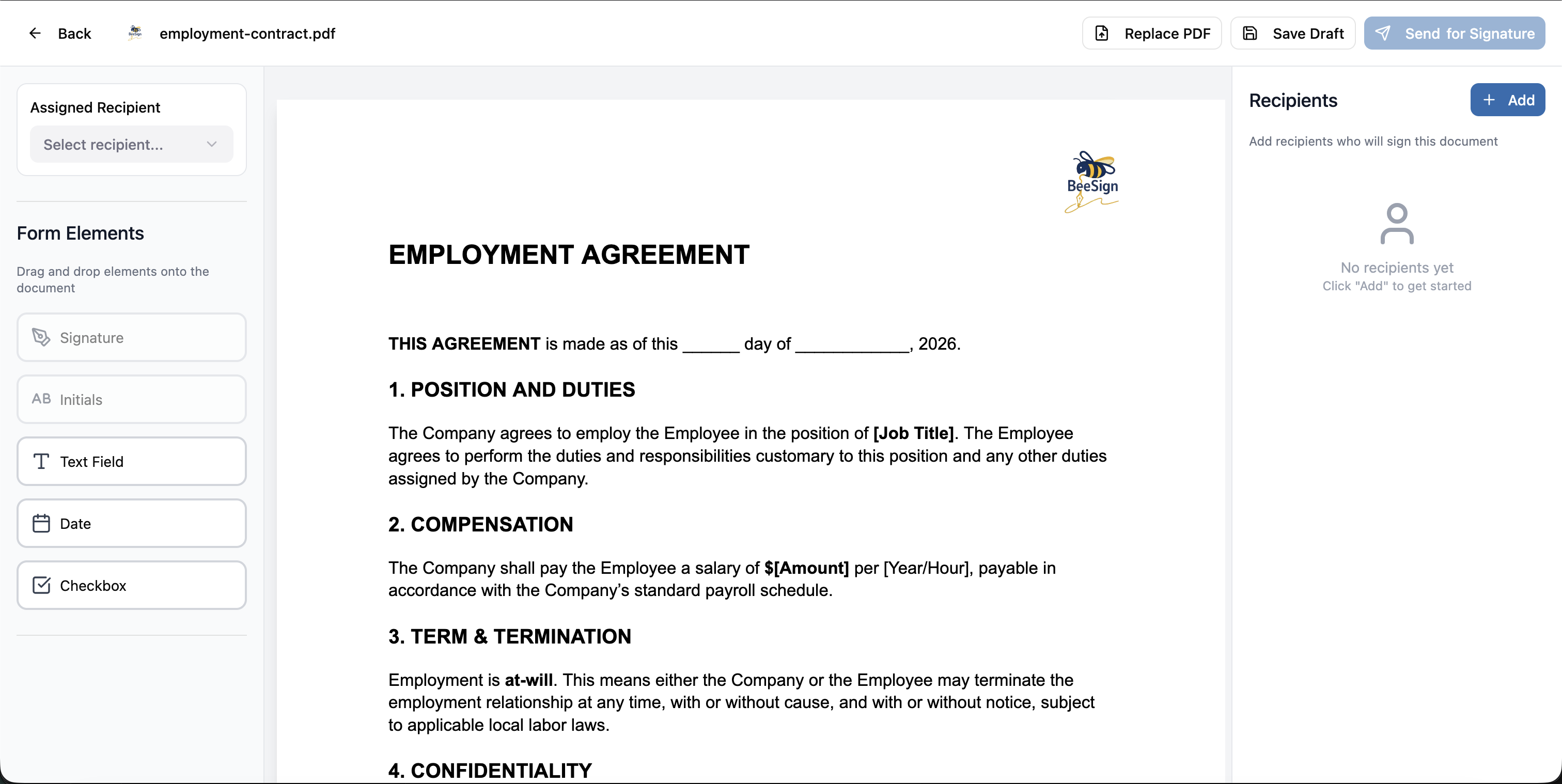 BeeSign editor with the Google Drive PDF auto-uploaded, ready to assign recipients and drag form elements
