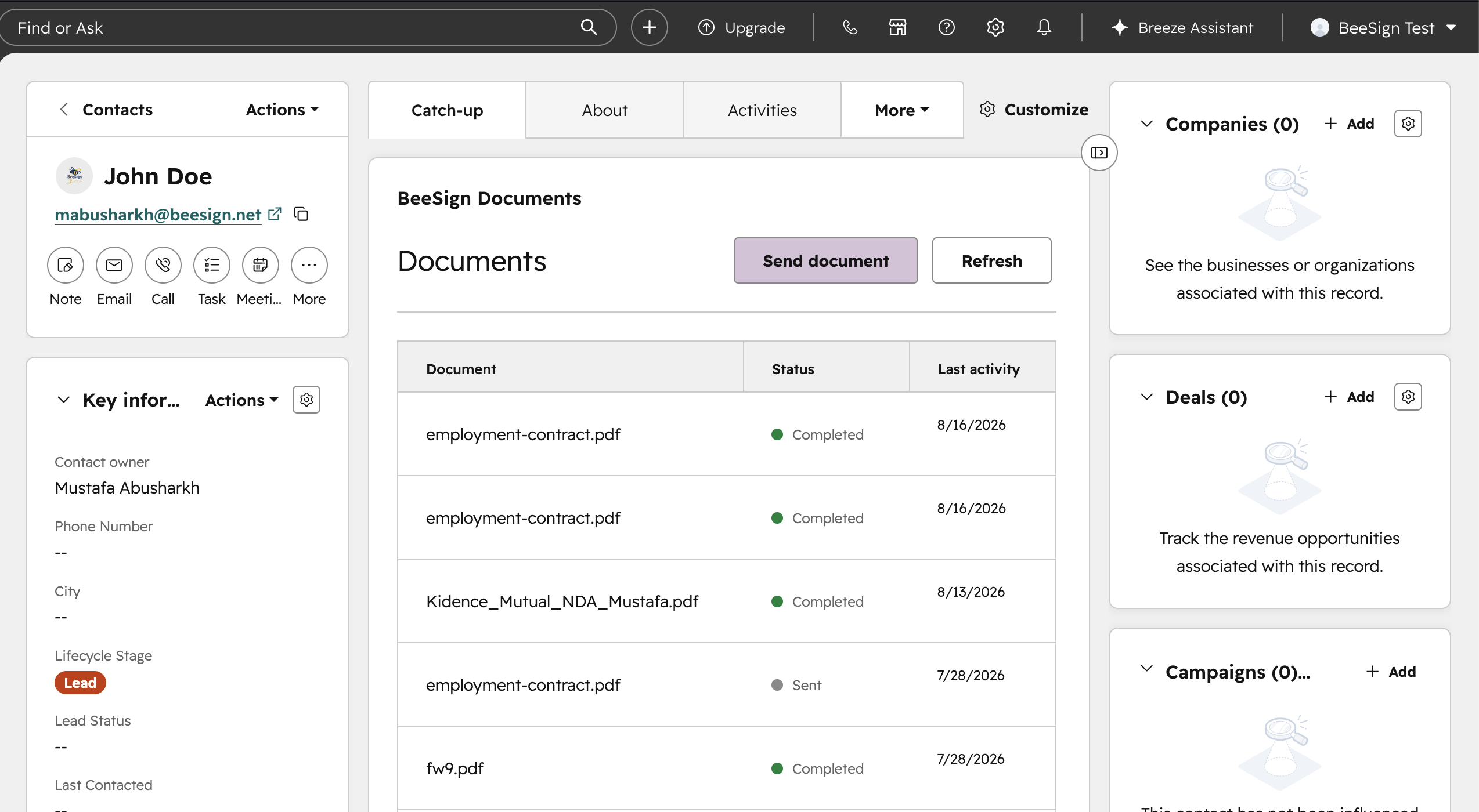 The BeeSign Documents tab on a HubSpot contact record, listing sent documents with Completed and Sent statuses and last activity dates
