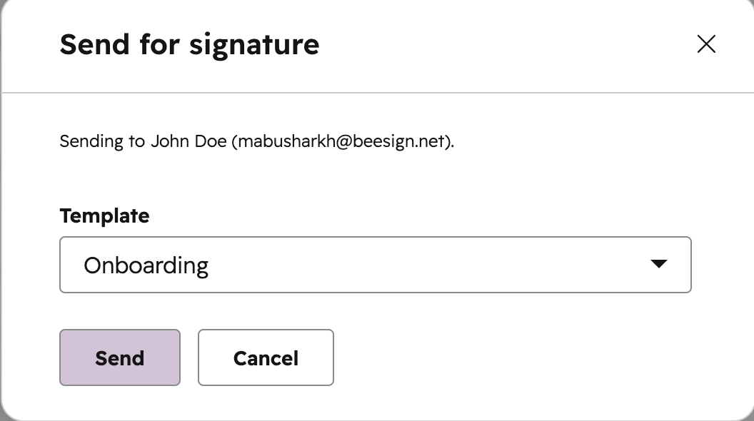 BeeSign Send for signature modal inside HubSpot, sending an Onboarding template to the contact on the record