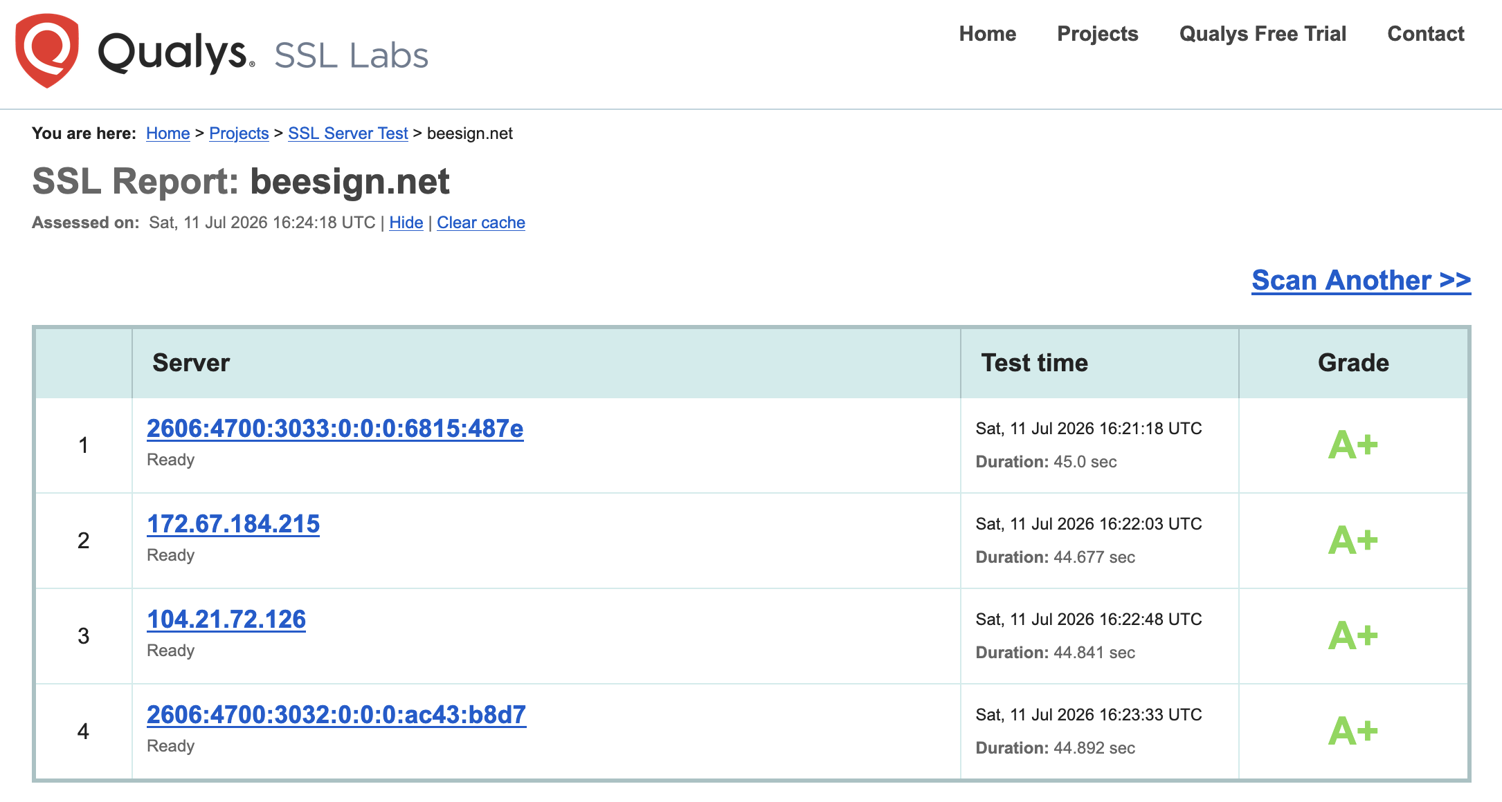 Qualys SSL Labs report showing an A+ grade across every beesign.net server